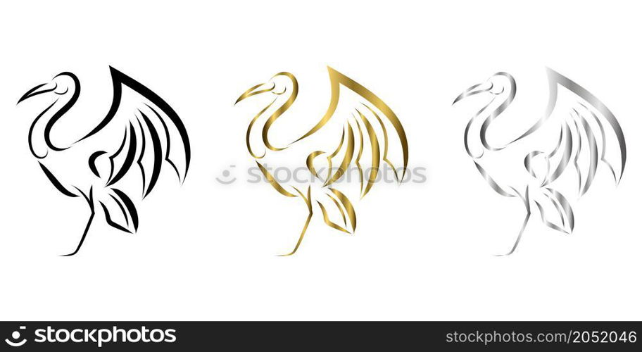 black gold and silver Line art vector logo of heron that is standing.