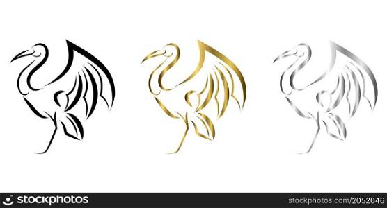 black gold and silver Line art vector logo of heron that is standing.
