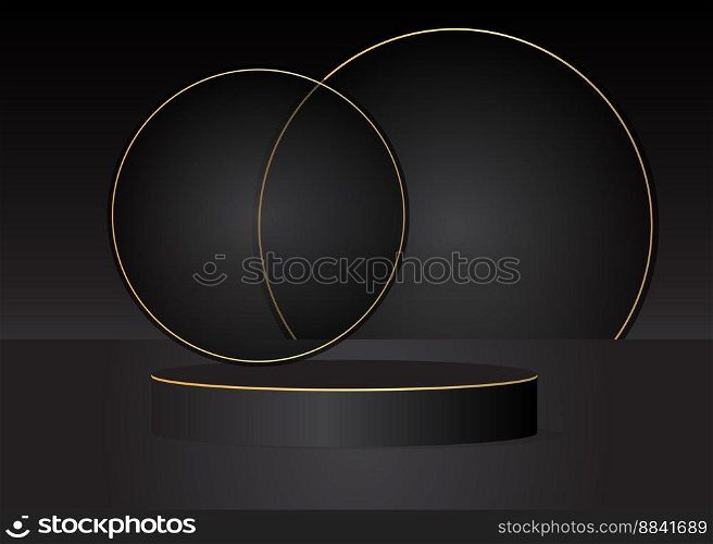 Black, Gold cylinder pedestal podium. Stage showcase for product display presentation. Futuristic Sci-fi minimal geometric forms, empty scene. Abstract Mockup product display. Realistic vector 3D room.