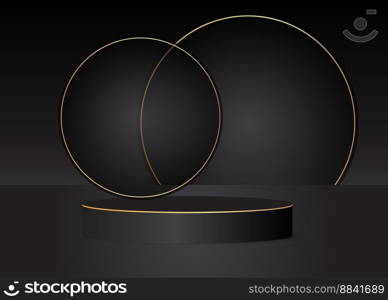 Black, Gold cylinder pedestal podium. Stage showcase for product display presentation. Futuristic Sci-fi minimal geometric forms, empty scene. Abstract Mockup product display. Realistic vector 3D room.