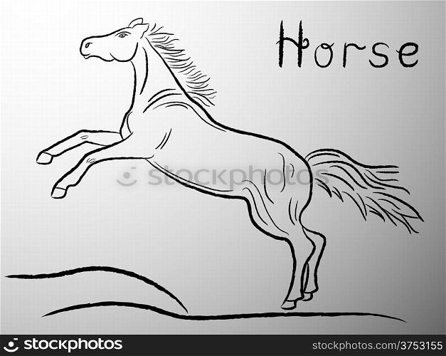 Black graceful Horse contour on the gray background. Hand drawing vector illustration. Graceful Horse contour