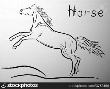 Black graceful Horse contour on the gray background. Hand drawing vector illustration. Graceful Horse contour