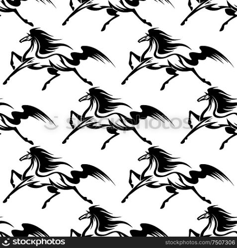 Black graceful horses with curly manes and tails seamless pattern, for textile or equestrian sports design. Graceful black horses seamless pattern