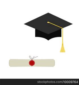 Black  graduation cap and diploma scroll web  icon  isolated on  white  background.  Mortarboard  flat design vector illustration.