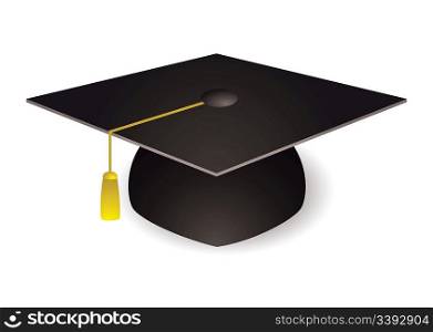 Black graduation mortar board hat with gold trim