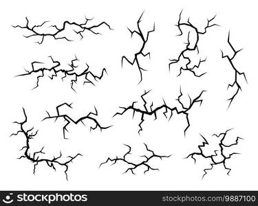 Black ground cracks isolated on white background. Abstract volcanic fissures set, vector decorative elements.. Black ground cracks isolated on white background. Abstract volcanic fissures set.