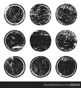 Black grunge texture circles. Black grunge texture circles isolated on white background. Set of blank post stamp, banner, logo, badge and label template. Vector illustration.