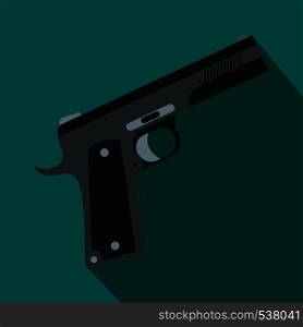 Black gun icon in flat style on green background. Gun icon, flat style