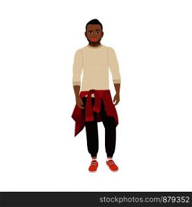 Black guy with a knitted sweater on his hips isolated vector illustration on white background. Black guy with knitted sweater
