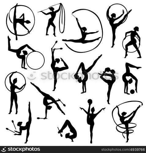 Black Gymnastics Female Silhouettes. Set of black silhouettes of gymnast female figures with balls and tapes on white background isolated vector illustration