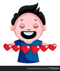 Black haired boy with multiple hearts in his hands illustration vector on white background