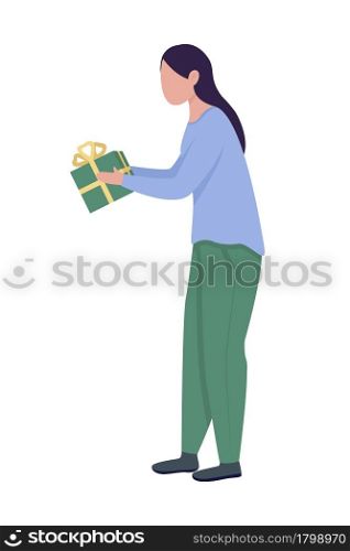 Black-haired woman giving gift semi flat color vector character. Full body person on white. Christmas presents exchange isolated modern cartoon style illustration for graphic design and animation. Black-haired woman giving gift semi flat color vector character