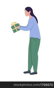 Black-haired woman giving gift semi flat color vector character. Full body person on white. Christmas presents exchange isolated modern cartoon style illustration for graphic design and animation. Black-haired woman giving gift semi flat color vector character
