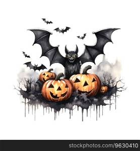 Black halloween bats watercolor on white background