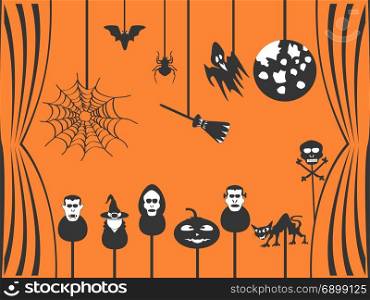 black halloween puppets theater with orange background
