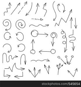 Black hand drawn arrow set. Different arrows, targets, directions. Black hand drawn arrow set isolated on white background