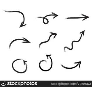 Black hand drawn brush stroke arrow set isolated on white. Vectpr Illustration EPS10. Black hand drawn brush stroke arrow set isolated on white. Vectpr Illustration
