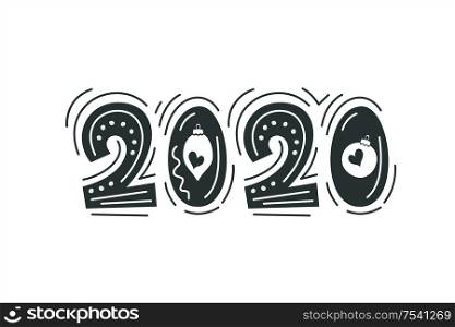 Black hand drawn lettering 2020. Vector illustration. Decorated with Christmas decorations.. Black hand drawn lettering 2020. Vector illustration.