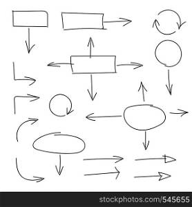Black Hand drawn set of arrows and block schemes, vector illustration. Different arrows, charts. Black Hand drawn set of arrows and block schemes, vector illustration