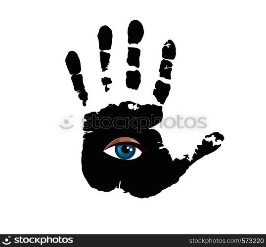Black hand print with blue all seeing eye inside isolated on white