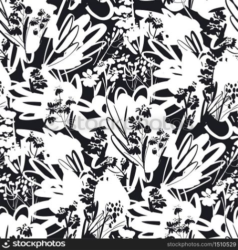 Black hand white brushstroke floral abstract hand drawn seamless pattern. Abstract flower vector tile rapport for background, fabric, textile, wrap, surface, web and print design.
