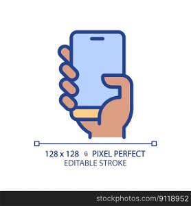 Black hand with smartphone pixel perfect RGB color icon. Person holding cell phone. Mobile device for communication. Isolated vector illustration. Simple filled line drawing. Editable stroke. Black hand with smartphone pixel perfect RGB color icon