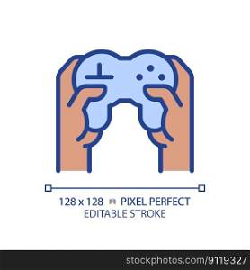 Black hands with controller pixel perfect RGB color icon. Person playing video game with joystick. Technology of amusement. Isolated vector illustration. Simple filled line drawing. Editable stroke. Black hands with controller pixel perfect RGB color icon