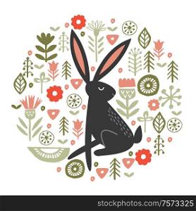 Black hare among tender spring flowers. Circular floral ornament. Vector illustration. Funny black hares in a circular floral pattern. Vector illustration on a white background.