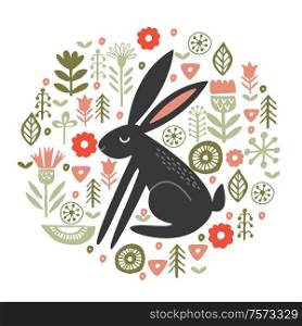 Black hare among tender spring flowers. Circular floral ornament. Vector illustration. Funny black hares in a circular floral pattern. Vector illustration on a white background.
