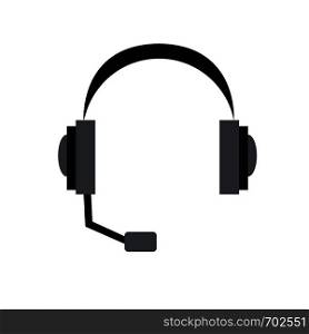Black Headphones with microphone on blank background in flat design. Eps10. Black Headphones with microphone on blank background in flat design