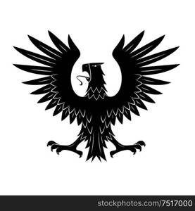 Black heraldic eagle of ancient royal insignia or medieval knight coat of arms with rear view of noble bird with spread feathered wings. Great for tattoo or heraldic theme design . Black heraldic eagle with spread wings symbol