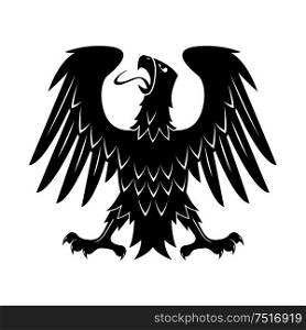 Black heraldic silhouette of medieval eagle with raised wings, outstretched legs and turned head. May be use as heraldry theme, eagle displayed heraldic symbol or t-shirt print design. Heraldic eagle with raised wings, turned head