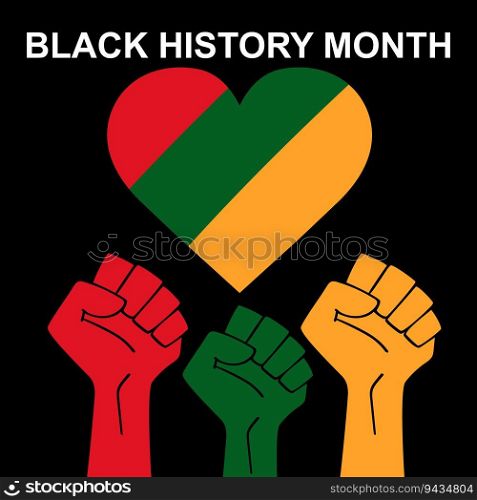 Black history month. African American History. Green, yellow and red flag. Raised hands with fists. Celebrated annual.