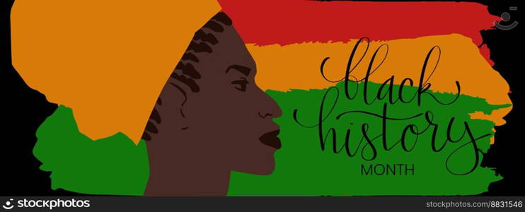 Black History month February banner with handwritten brush lettering and african american woman portrait. Vector hand drawn art. Black History month February banner with handwritten brush lettering and african american woman portrait. Vector hand drawn