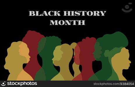 Black history month. February celebration. Freedom month banner. Silhouettes of african american persons in profile. African men and women. June 19 holiday. Vector poster illustration.. Black history month. February celebration. Freedom month banner. Silhouettes of african american persons in profile. African men and women. June 19 holiday. Vector poster illustration