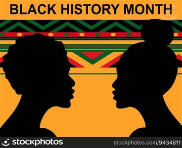 Black history month. Woman and man silhouettes with geometric pattern in green, yellow and red colors. African American History. Celebrated annual.