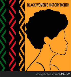 Black history month. Woman silhouette with geometric pattern in green, yellow and red colors. African American History. Celebrated annual.