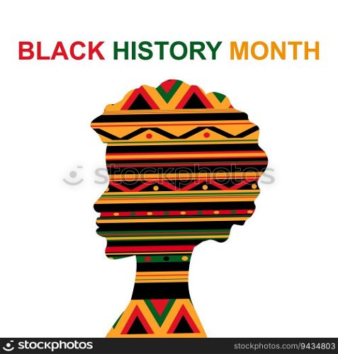 Black history month. Woman silhouette with geometric pattern in green, yellow and red colors. African American History. Celebrated annual.