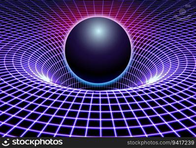 Black hole or gravity grid with glowing ball or sun in 80s synthwave and retrowave style