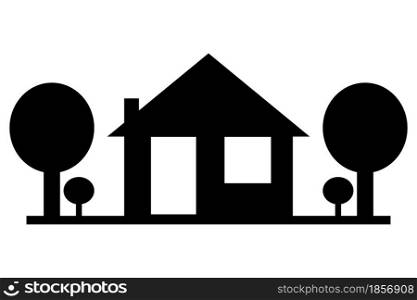 Black home. Trees near the house. Cottage in the village. Black silhouette of a house. Vector illustration. Stock image. EPS 10.. Black home. Trees near the house. Cottage in the village. Black silhouette of a house. Vector illustration. Stock image.