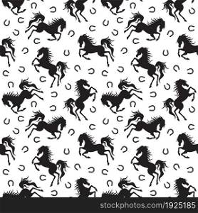 Black horse and horseshoe silhouette seamless pattern. Vector illustration.