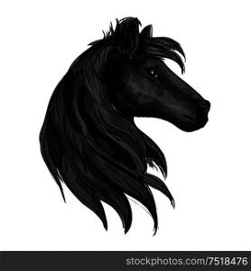 Black horse head symbol with purebred stallion. Horse racing badge, equestrian sporting competition or riding club symbol design. Black purebred horse stallion symbol