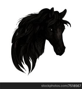Black horse head. Watercolor brush sketch. Vector vintage artistic portrait of mustang with long mane. Black horse head watercolor portrait