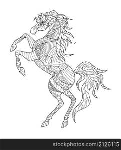 Black horse silhouette antistress sketch drawing isolated icon. Vector illustration for coloring book for adults with zentangle elements.