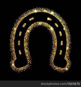 Black horseshoes on gold glitter. Hoof horse. Symbol luck. Vector illustration.. Black horseshoes on gold glitter. Hoof horse. Symbol luck. Vector illustration