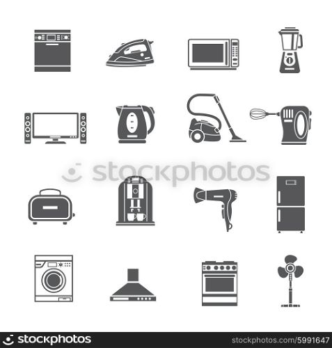 Black Household Appliances Icons Set. Black household appliances icons set with kettle blender toaster vacuum iron refrigerator washing stove isolated vector illustration