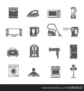 Black Household Appliances Icons Set. Black household appliances icons set with kettle blender toaster vacuum iron refrigerator washing stove isolated vector illustration