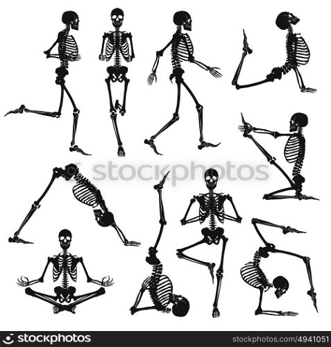 Black Human Skeletons Background. Human skeletons black silhouettes doing gymnastics and yoga asanas isolated on white background flat vector illustration
