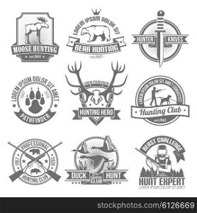Black Hunting Emblems Set. Black hunting emblems set with club ribbons and images hunter knife deer traces beast antlers aiming hunter with dog isolated vector illustration