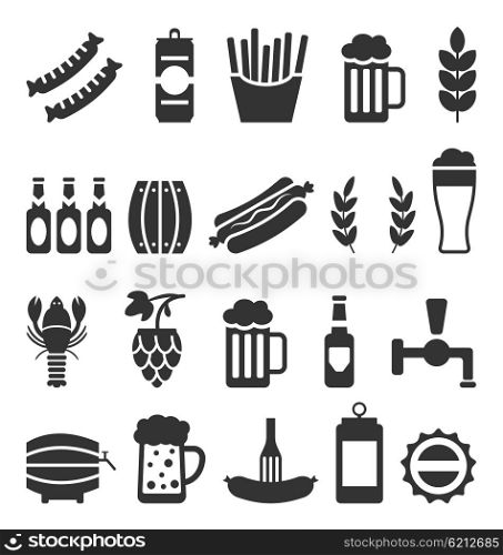 Black Icons of Beer and Snacks Isolated on White Background. Illustration Black Icons of Beer and Snacks Isolated on White Background - Vector